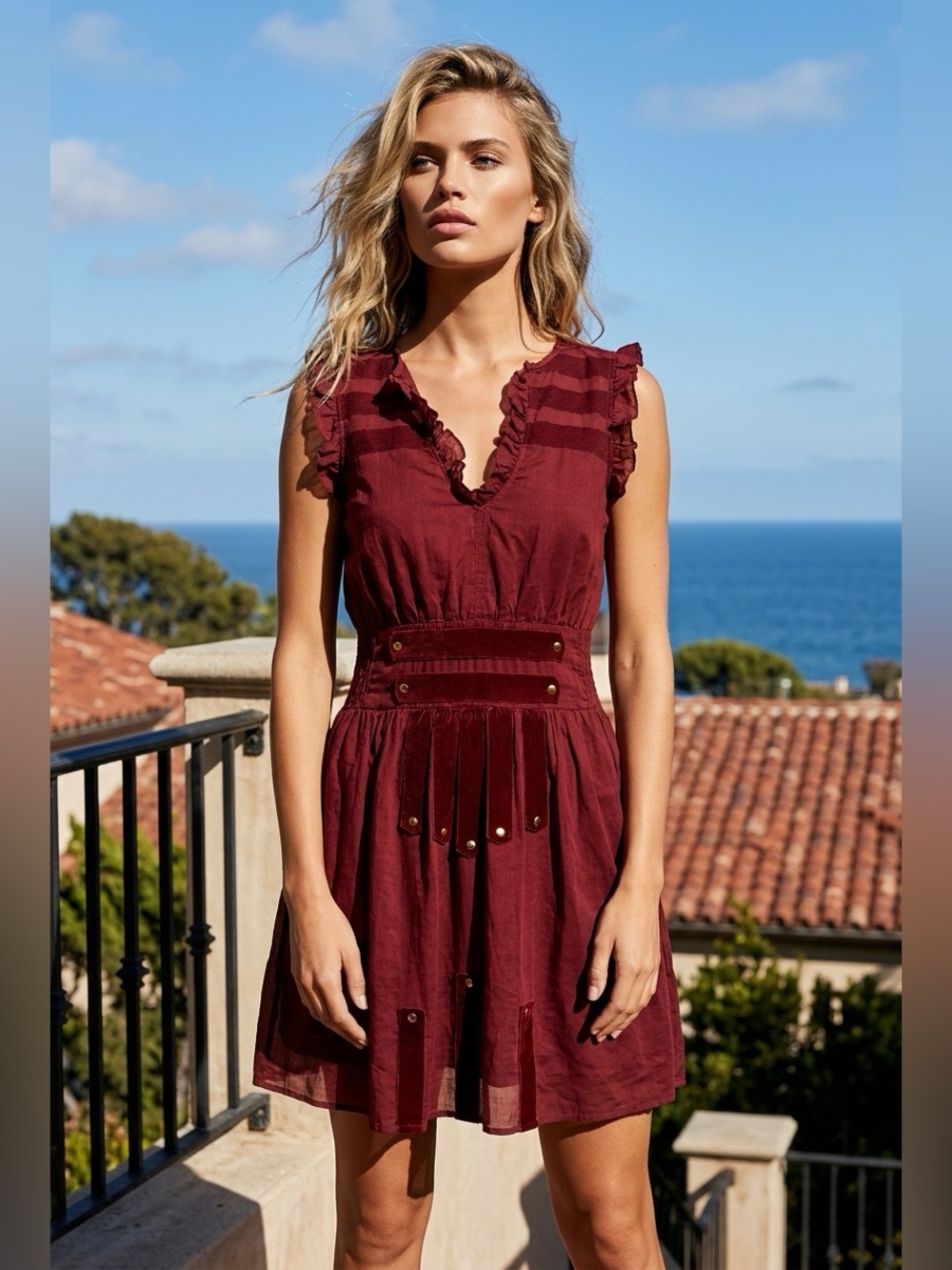 Lauren Moffatt Burgundy Ruffle Smocked Dress Silk-Lined Size 2